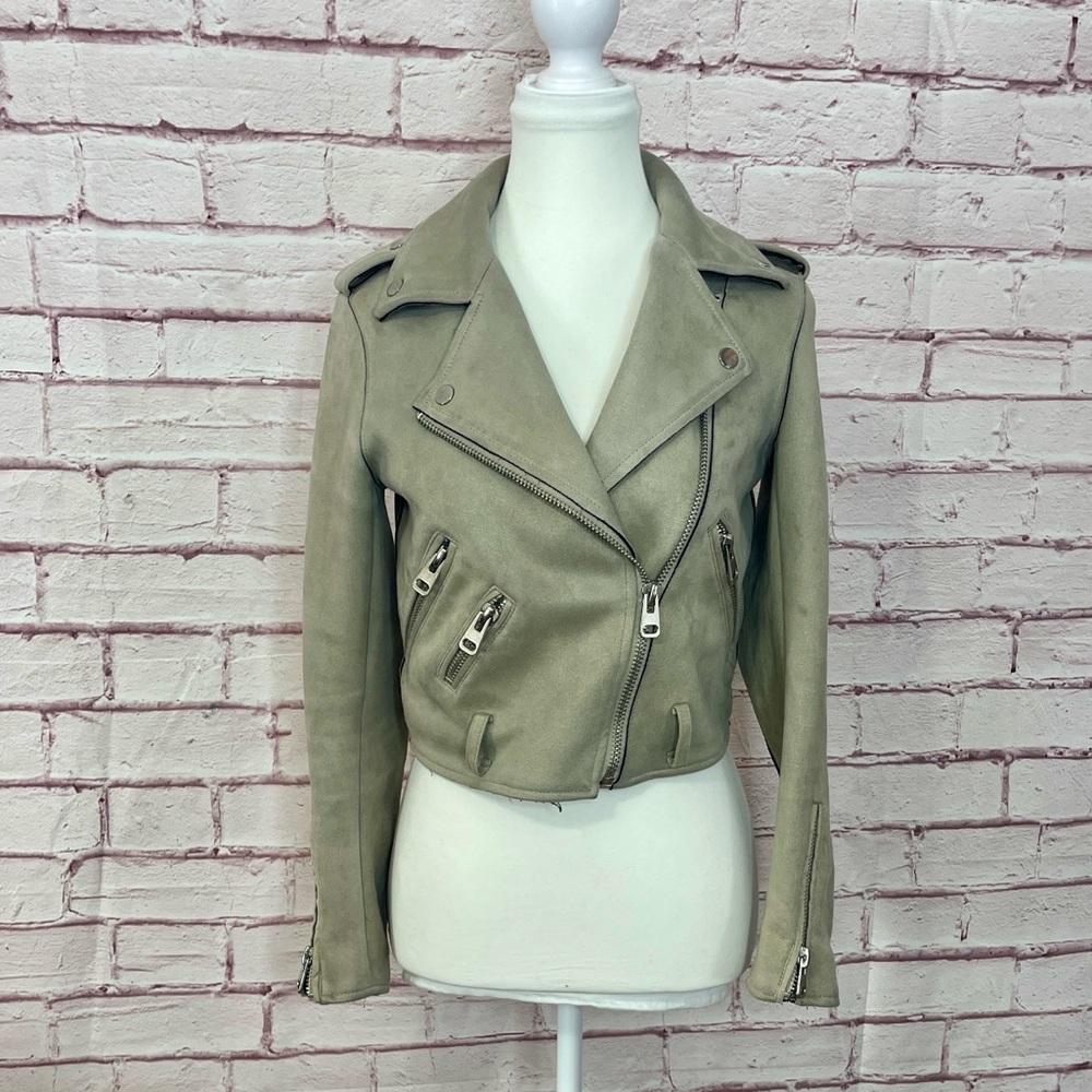 Zara Light Grey Suede Cropped Moto Jacket with Zipper Pockets Like New XS